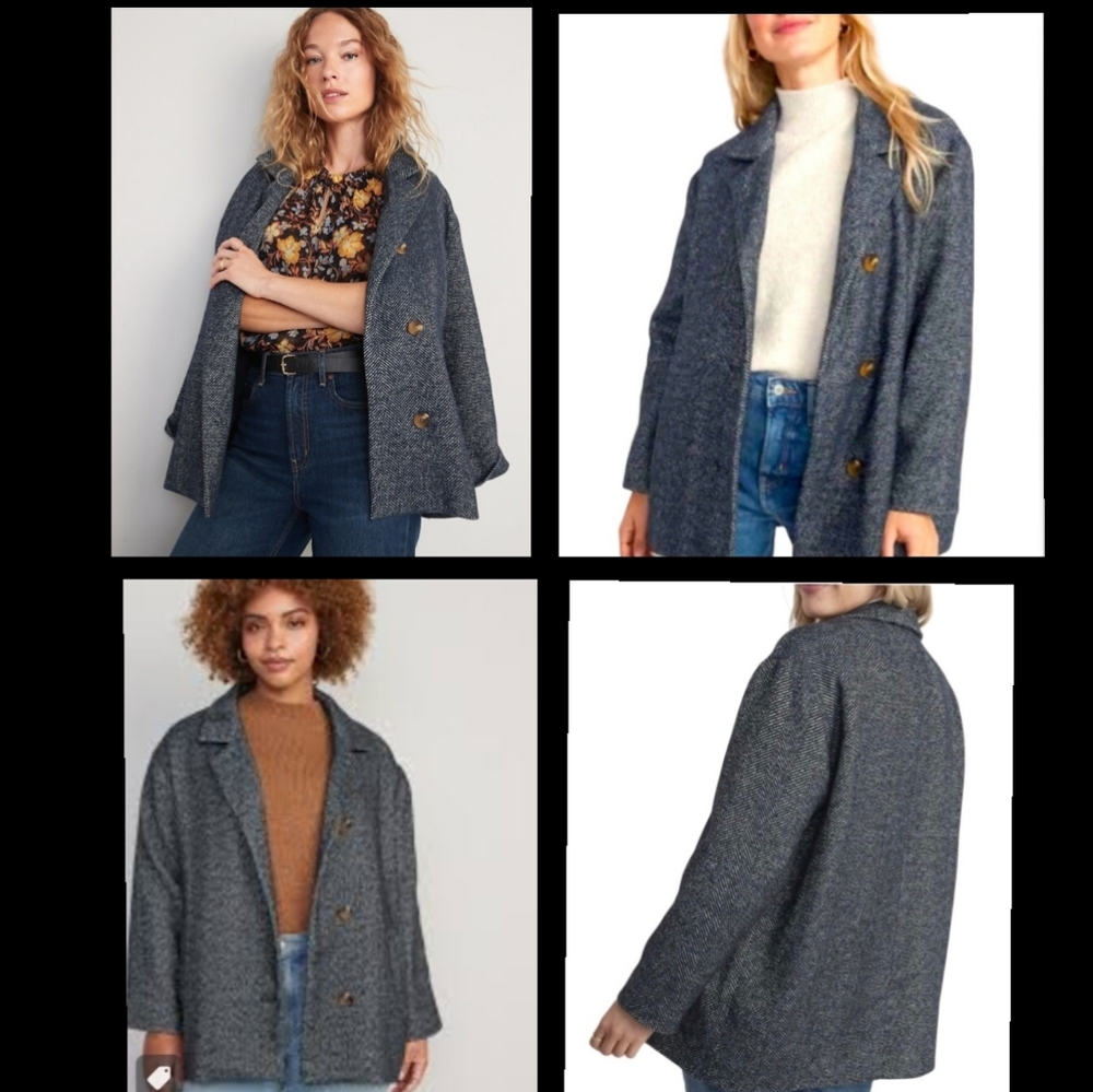 XL women Old Navy Soft-Brushed Herringbone Button Coat Lined Blue Long Sleeve